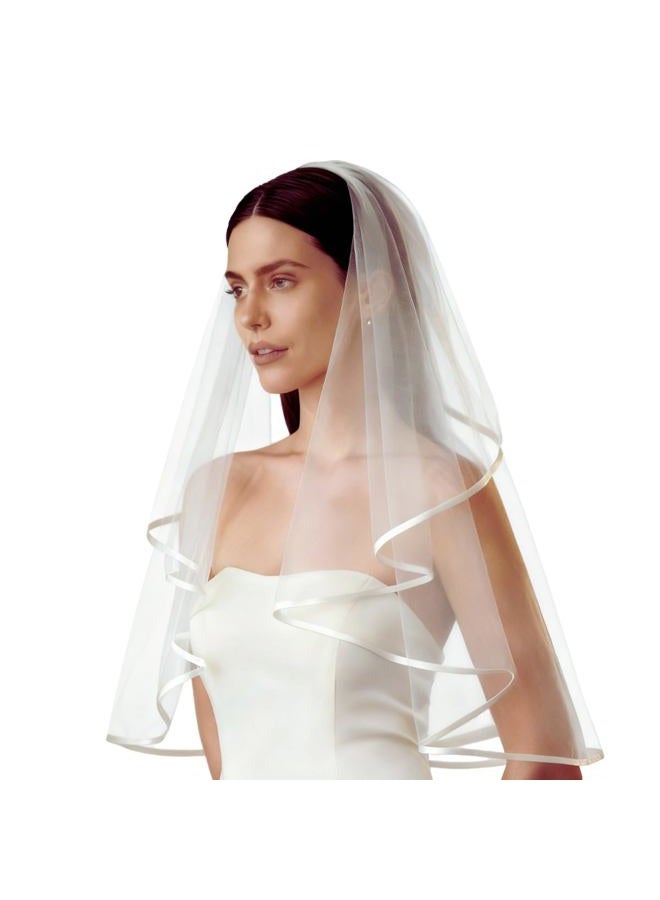 Nanchor Bridal Veil Women's Simple Tulle Short Wedding Veil Ribbon Edge with Comb for Wedding Bachelorette Party (White) - Image 1